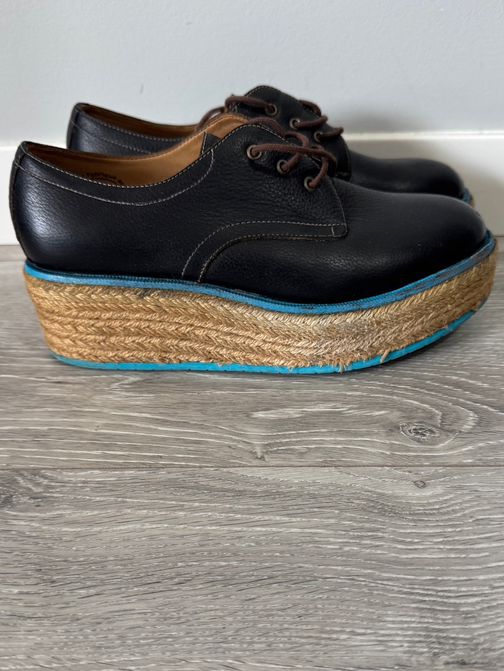 John Fluevog Espadrille Martin Platform Oxfords Black Leather Sz 6 Rare - Picture 2 of 11